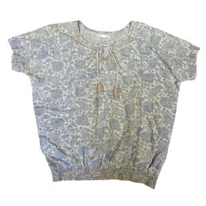 Ruffhewn Womens Blue Paisley Cotton Gauze Boho Tassel Smocked Hem Top Size M